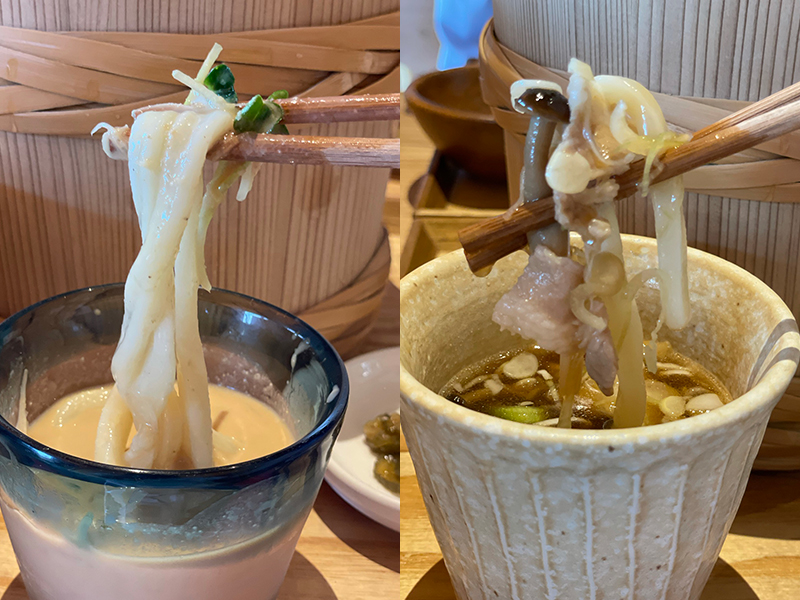 醤油屋の木桶うどん 2 種のおつゆ ～胡麻味噌すったて汁と葱ぶた肉汁～